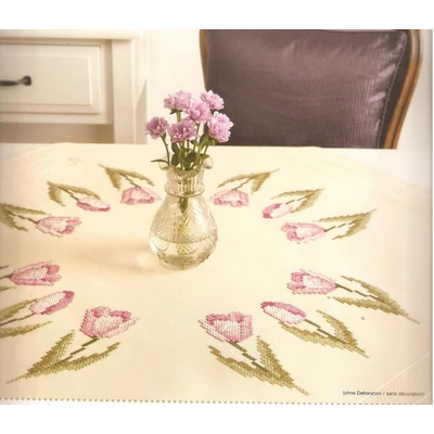 Előnyomott, keresztszemes terítő készlet - Tulipános